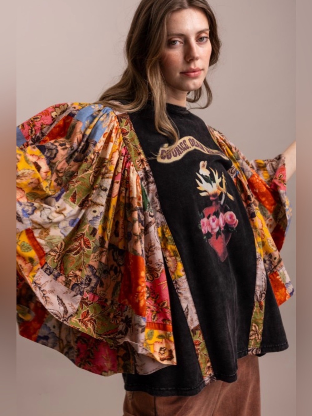 236. Vintage-Inspired Floral Patch Kimono Sleeve Top with Graphic Tee - Picture 2 of 3